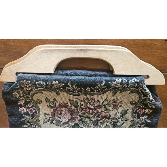 Vintage SELIGMAN New York Tapestry Tote Purse Floral Wood Handles - Picture 3 of 13